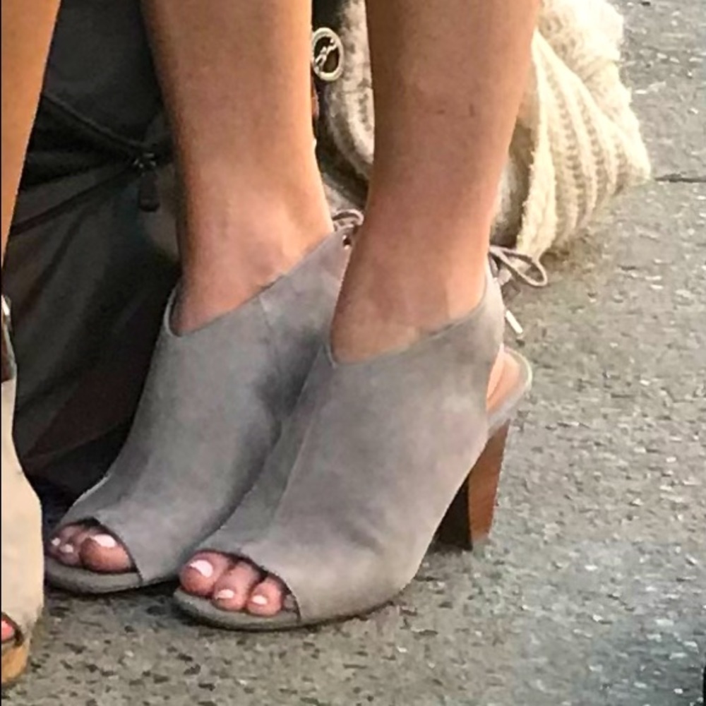 Grey Franco Sarto open toed mule heels